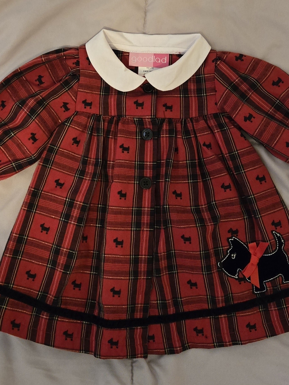 Good Lad Red Plaid Dress featuring a black Scottie dog appliqué and pattern.